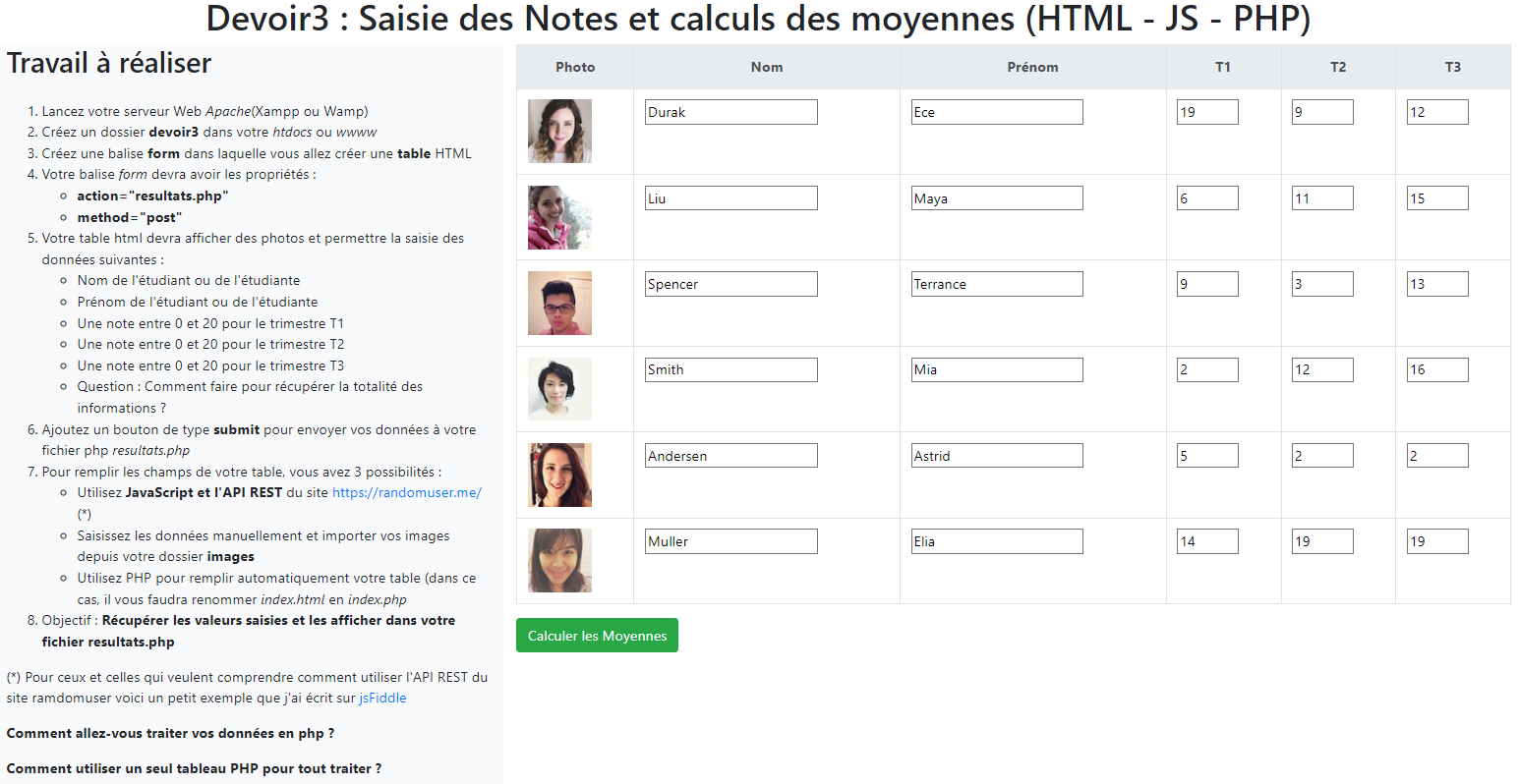 Saisie des notes dans un tableau HTML5